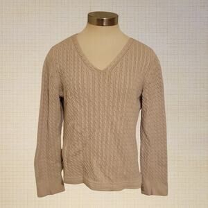 Talbots Petite Large 100% Cotton Cable Knit Sweater Beige V Neck Pullover